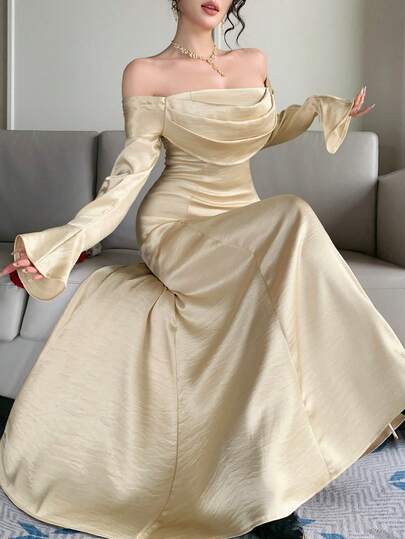 DAZY Đầm dài satin thanh lịch dành cho nữ, kiểu trễ vai.