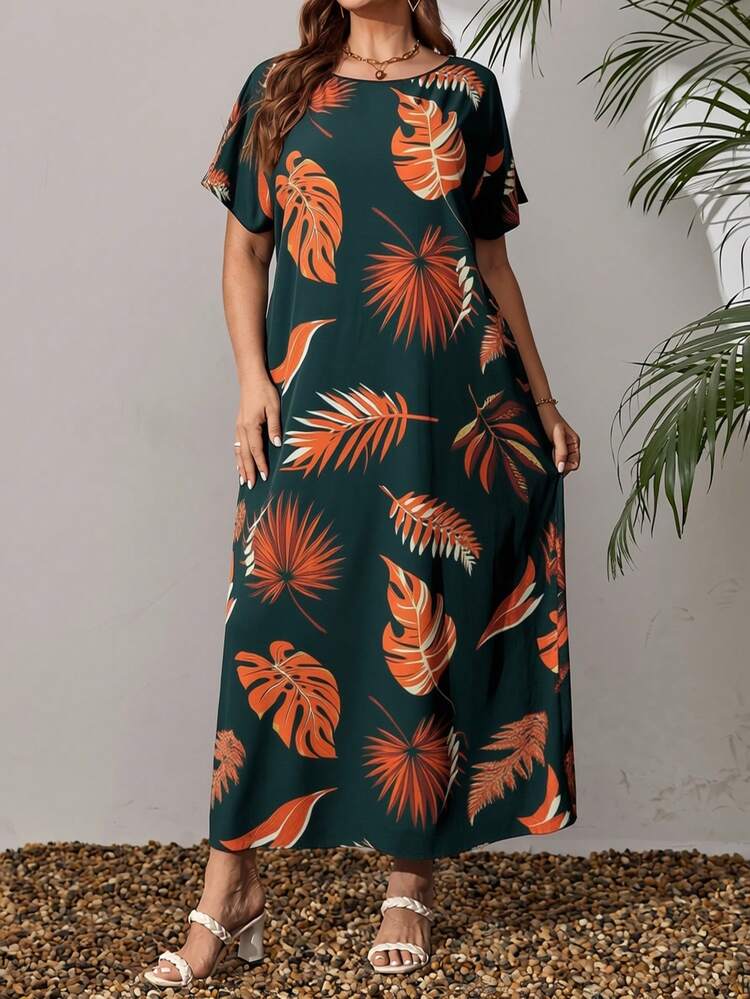 Plus Size Women Tropical Plant Print Short Sleeve Casual Dress