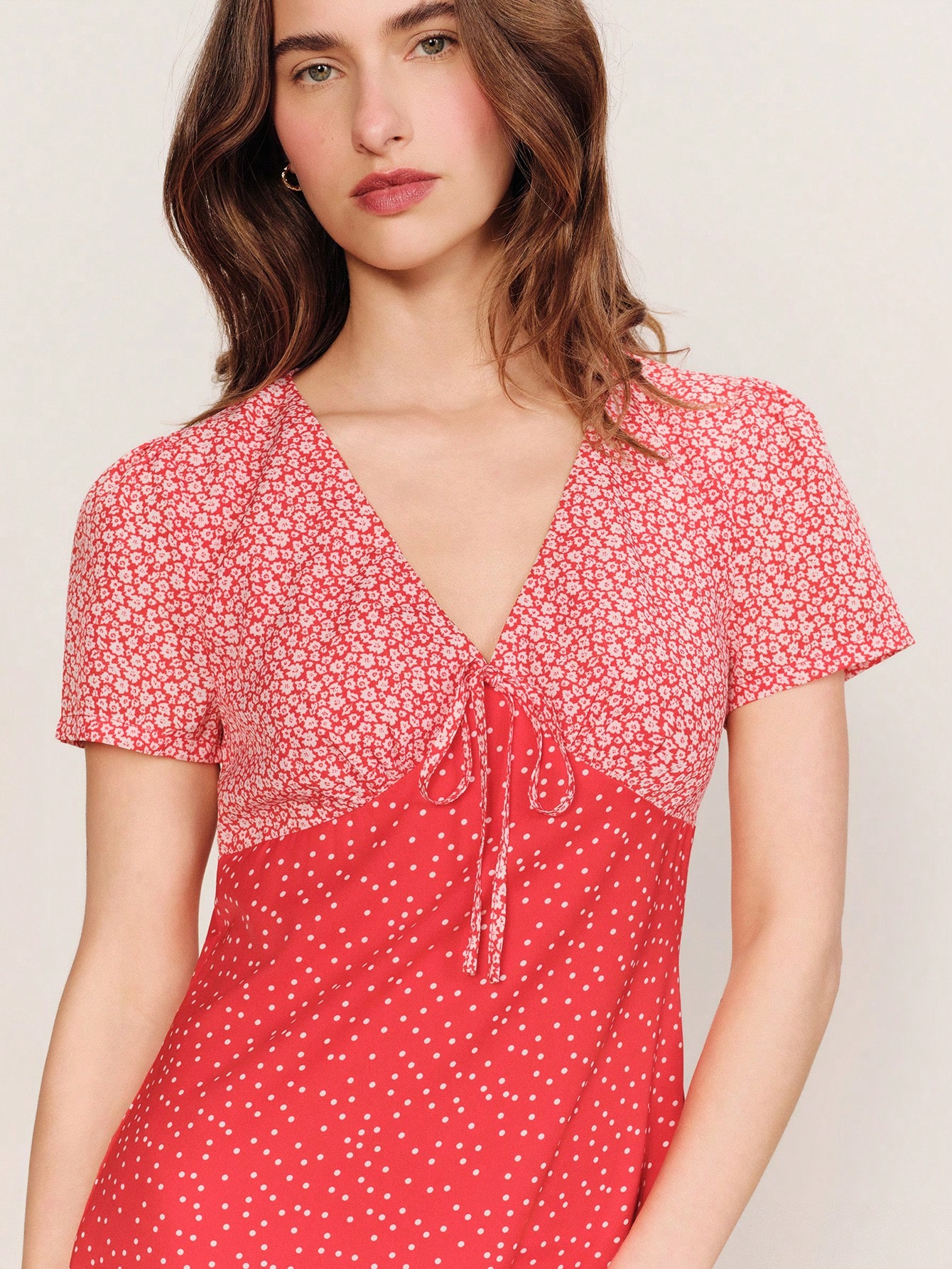 Red Mixed-Print Mini Dress With Short Sleeves And V Neckline Spring Summer Cute Vintage Dress Parisian Style Dress French Style Dress Polka Dot And Floral Dress Casual Holiday Dress