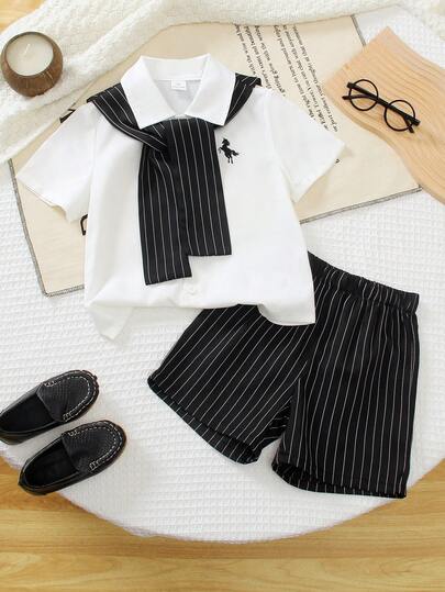 SHEIN 男童印花短袖上衣和条纹短裤套装