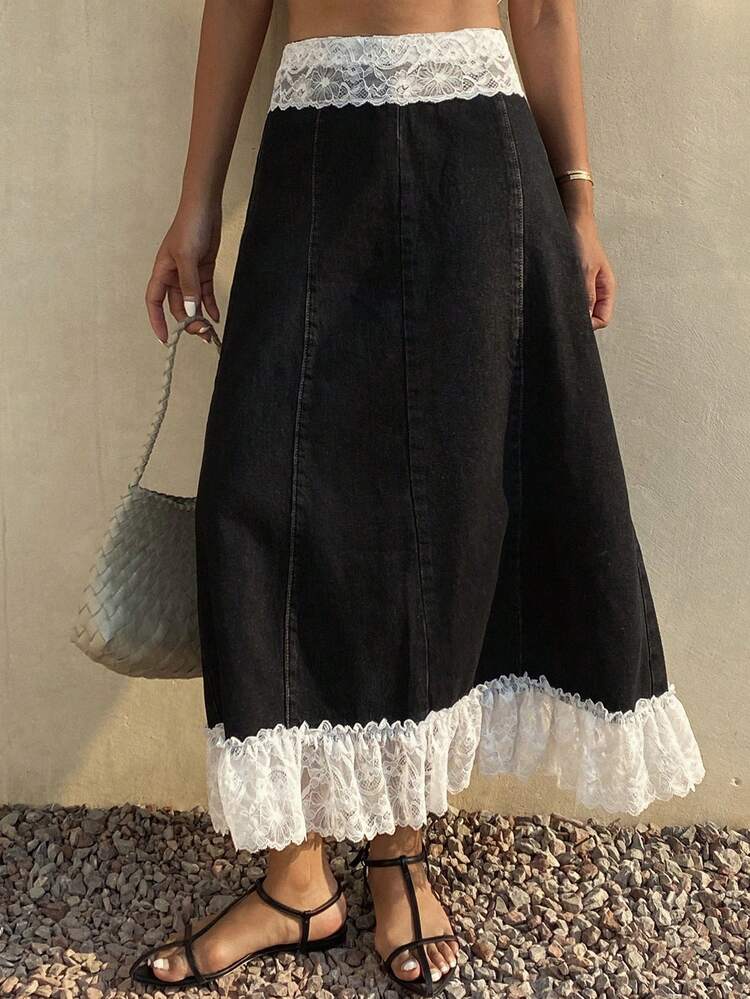 Women's Elegant Elegant Resort Style Contrast Color Contrast Lace High Waist Denim Skirt