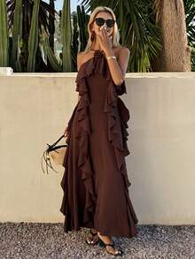 Livesso Elegant Brown Ruffled Floral Halter Midi Dress, Suitable For Summer Vacation & Party - Coffee Brown - View 3