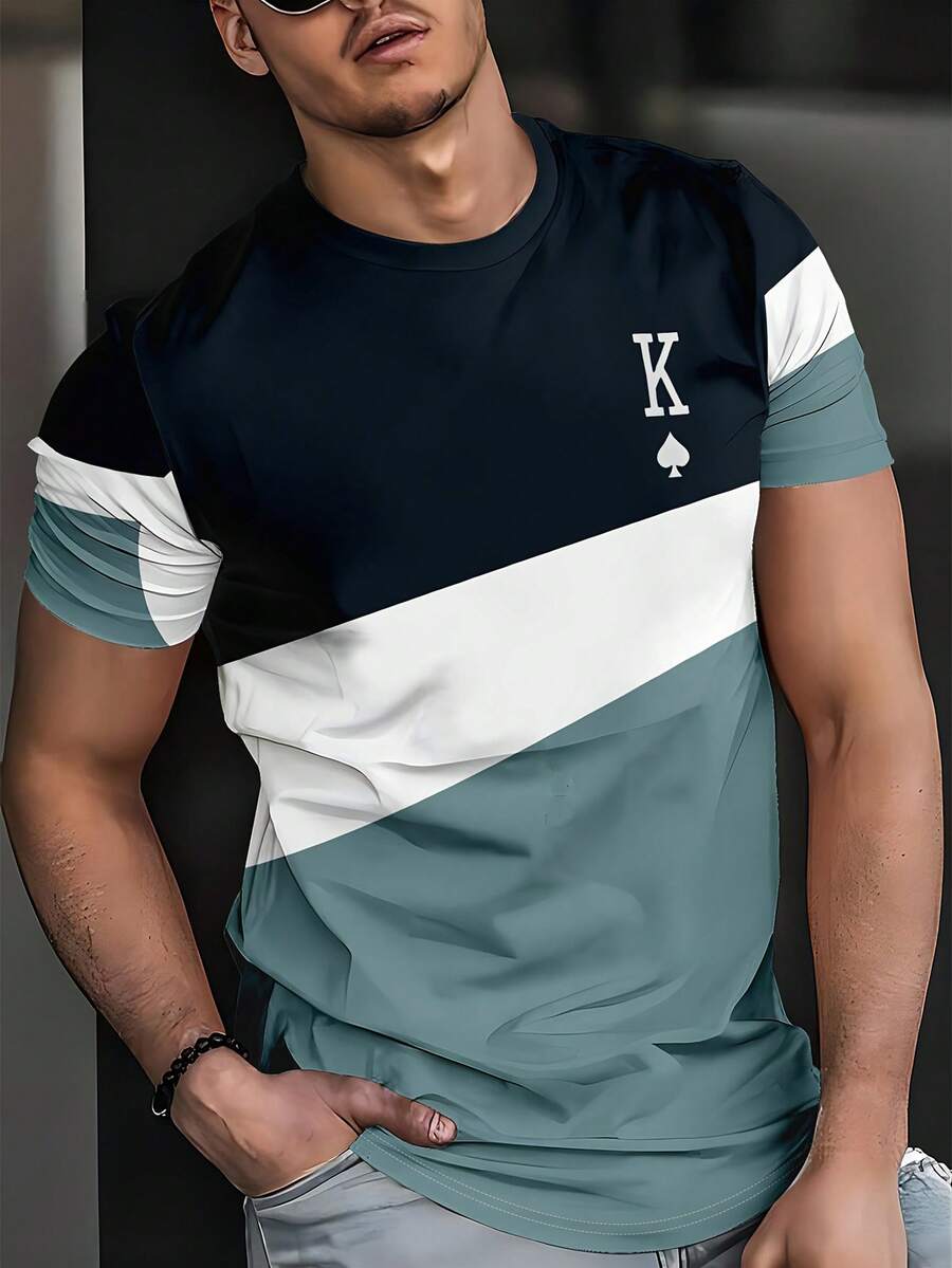 Manfinity Dauomo Plus Size Men's Round Neck Letter Print Color Block Casual Everyday Short Sleeve T-Shirt - Multicolor - View 1