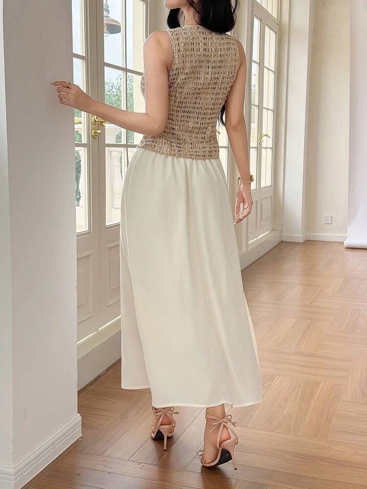 Women's Casual Elegant Textured Sleeveless Vest And Long Skirt 2-Piece Set, Spring/Summer