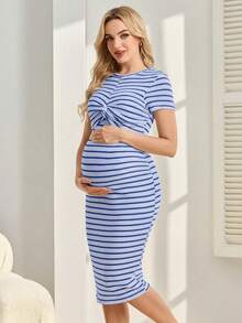 GentleRue Maternity Đầm ngắn tay kẻ caro thoải mái, giản dị dành cho bà bầu - Màu xanh hải quân - Xem 5
