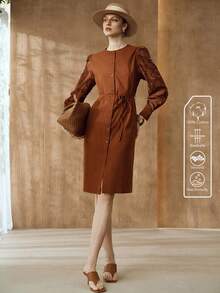 Arave Đầm nữ dáng ôm chữ X, tay phồng, thắt eo, kiểu dáng thường ngày, thích hợp đi làm. - Cà phê - Xem 6