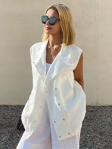 Livesso 女士白色翻领无袖收腰休闲外套，夏季款 - 白色 - 查看 4