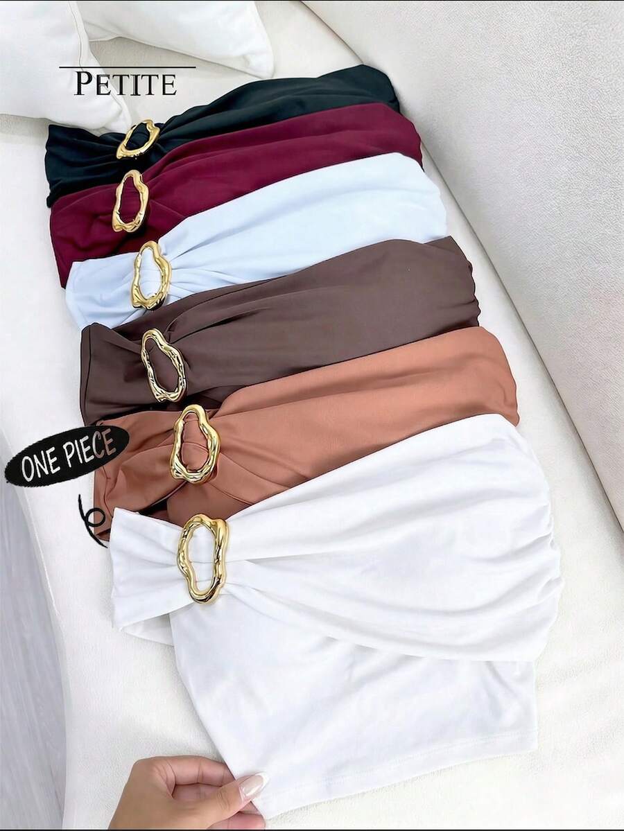 Everyssa Petite 金属装饰不对称褶皱抹胸上衣 - 白色 - 查看 1