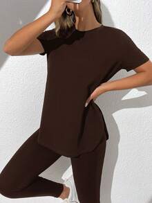 SHEIN Essnce Women's Solid Color Round Neck Short Sleeve Top And Skinny Leggings Casual Daily 2 Pieces Set - Brown - View 3