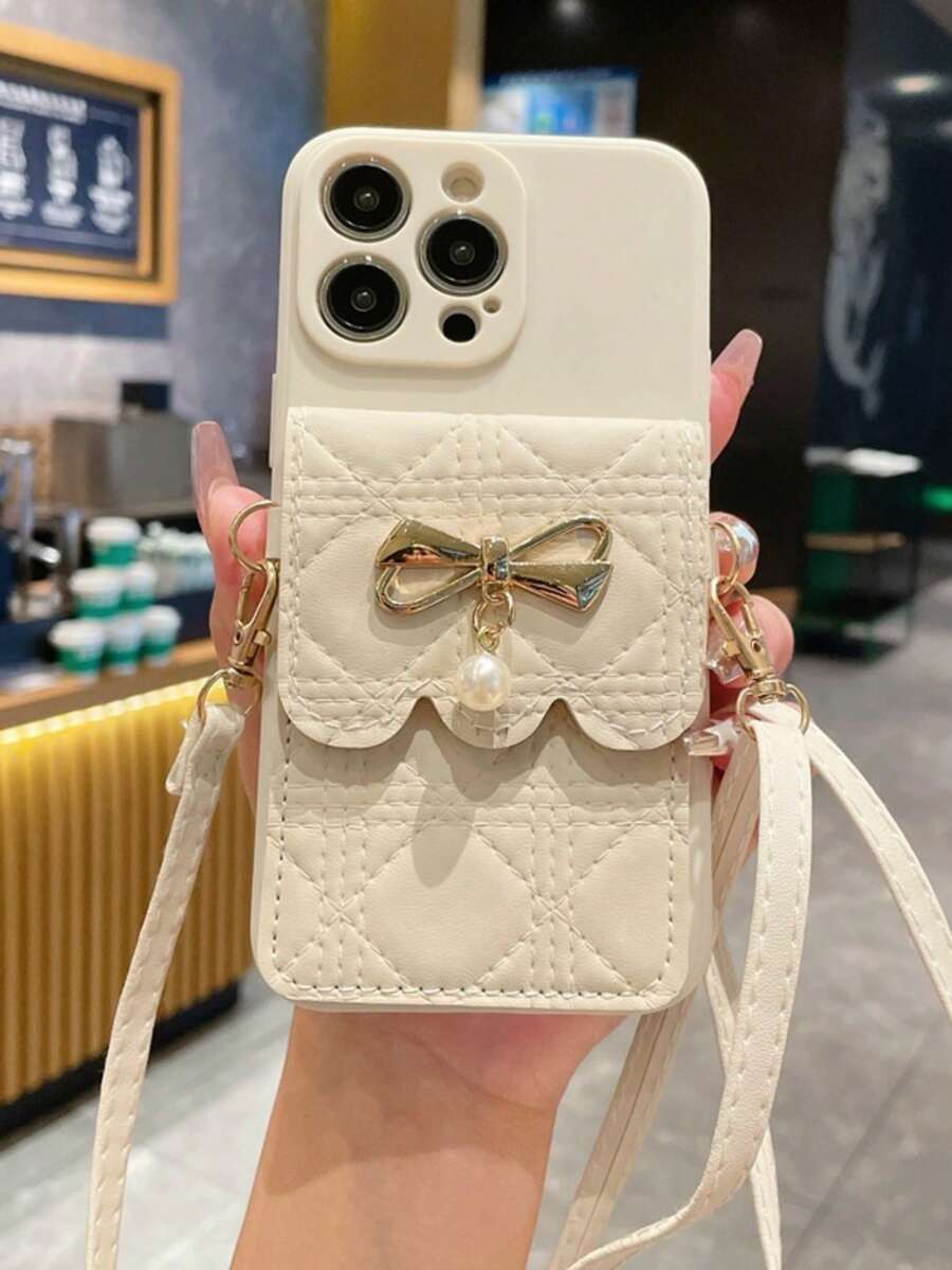 挂绳蝴蝶结珍珠斜挎包，纯色直边米色简约防摔加厚手机保护壳（带印花），兼容 6/6 Pro Max/XR/7/8/15 Pro Max/12 Pro Max/13 Pro Max/14 Pro Max、13/14/11/12P/14P、11/12P、XS/XR/78P/78GES2 - 彩色 - 查看 1
