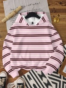 Sudadera con estampado de rayas asimétrico rosa de estilo minimalista casual y estilo universitario, versátil para principios de primavera - Multicolor - Ver 6