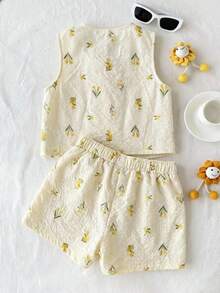 SHEIN Conjunto informal de 2 piezas de top con tirantes de lazo de jacquard amarillo y shorts para niña preadolescente - Amarillo - Ver 3