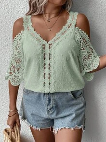 SHEIN Clasi Plus Size Lace Patchwork Solid Color Hollow Out Casual Vacation Shirt - Mint Green - View 3