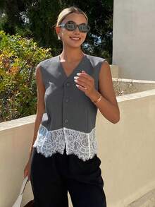 DAZY Áo khoác gile mỏng không tay cổ chữ V dáng rộng phối ren tương phản dành cho nữ, thích hợp cho cả đi chơi, nghỉ hè. - Xám - Xem 5