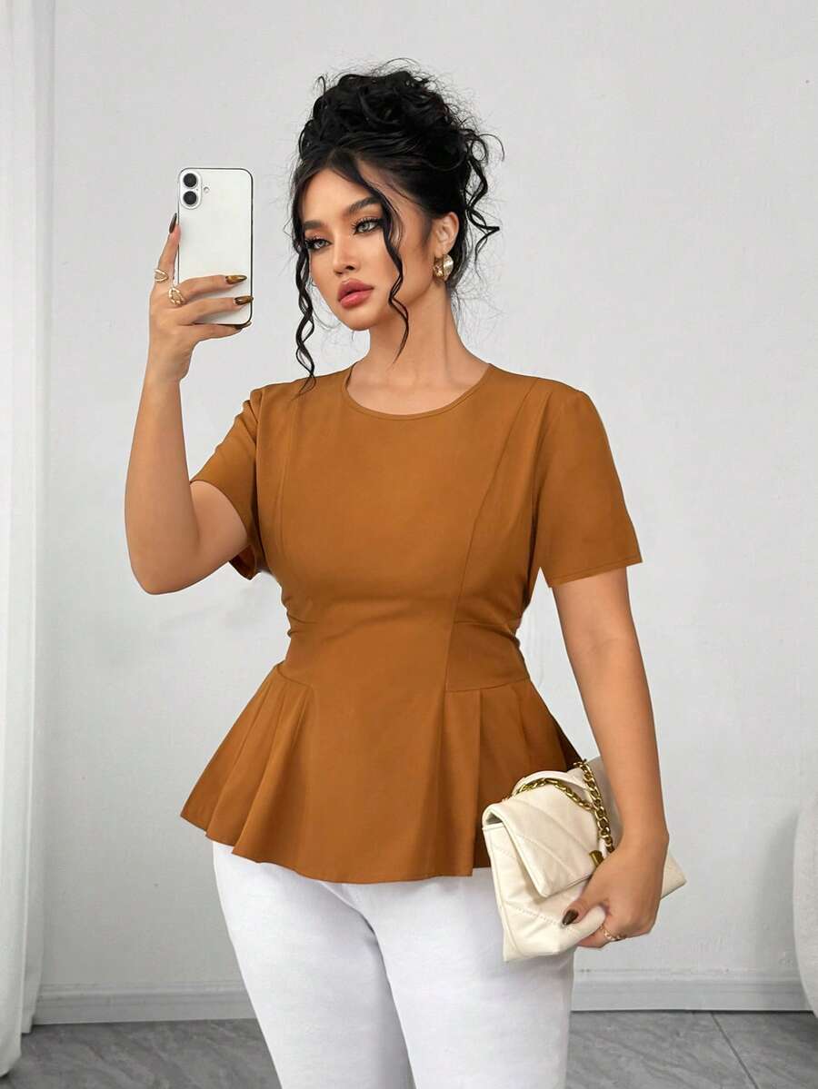 Elenzga Plus Size Women Elegant Casual Versatile Round Neck Short Sleeve Flared Hem Blouse, Spring/Summer - Camel - View 1