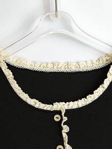 Qadelle Black Contrast Lace Trim Round Neck Short Sleeve T-Shirt For Women - Black - View 4