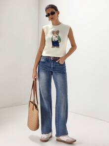 Briarwyn 女士百搭可爱小熊刺绣圆领针织背心 - 白色 - 查看 6