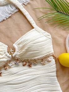 SHEIN WYWH Women's Vacation Textured Shell Decor Pleated Halter Top And Shorts 2 Pieces Set - Apricot - View 3