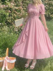 Vestido con mangas cortas y bordado de lentejuelas para adolescentes, adecuado para citas y ocasiones formales - Rosa - Ver 1