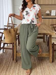 Embrisa 2pcs/Set Women Plus Size Boho Print Top And Green Pants Set, Fashion New Style For Spring And Summer Going Out Sets - Multicolor - View 10