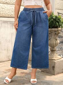 Breezaya Plus Size Women Drawstring Waist Pocket Casual Loose Fit Wide Leg Jeans - Medium Wash - View 6