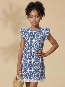 Travachic KIDS Tween Girls' Elegant Summer Vacation Blue & White Floral Print Dress - Blue - View 6