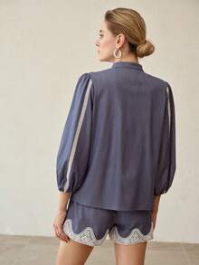 MOTF PREMIUM BLUSA DE MUJER PARA COMMUTER CON PARCHES DE ENCAJE Y BOTONES DELANTEROS - Azul - Ver 3