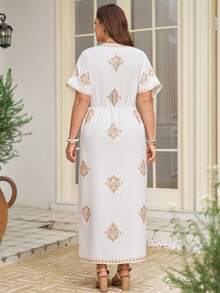 Rosumi Women's Plus Size Brown Embroidered Bohemian Dress V-Neck Dolman Sleeve Maxi Length VacationResorts Gym Summer - White - View 6