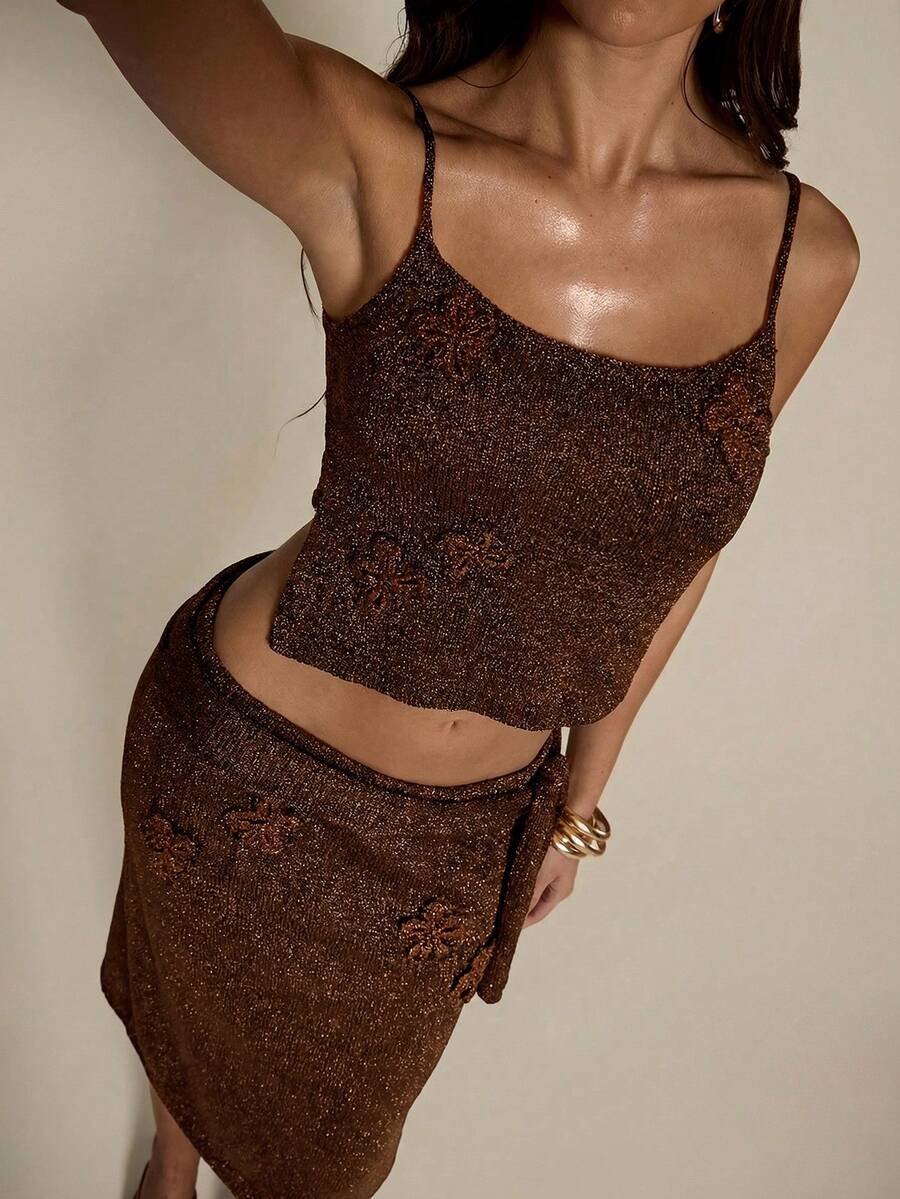 SHEIN BAE 休闲度假风不对称荷叶边系带女式毛衣裙 - 咖啡棕 - 查看 1