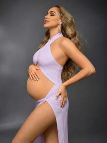 Cheriluna Maternity 孕妇夏季纯色扭结镂空露背连衣裙，适合拍照 - 淡紫色 - 查看 6