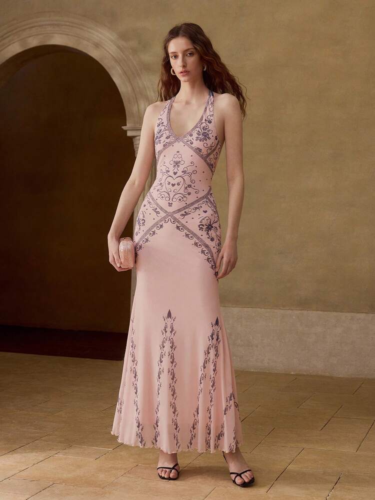 WOMEN'S ELASTIC MESH PINK PRINTED MERMAID HEM HALTER DRESS