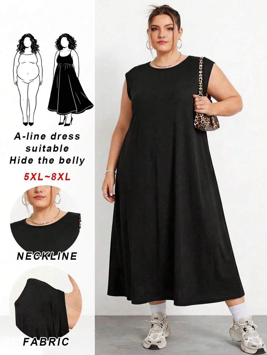 SHEIN CURVE+ Curve 尺码 US22 音乐节、海滨度假、波西米亚风女士纯色黑色圆领简约长款阿拉伯风格连衣裙、休闲度假、黑色连衣裙 - 黑色 - 查看 1