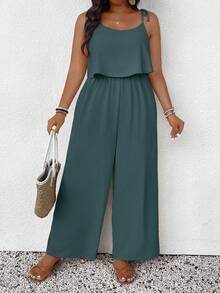 SHEIN Frenchy Plus Size Casual Vacation Textured Solid Color Jumpsuit - Green - View 5