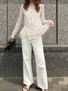 FRIFUL Women's Summer Polka Dot Pattern Button Design Ruffle Hem Blouse - White - View 5