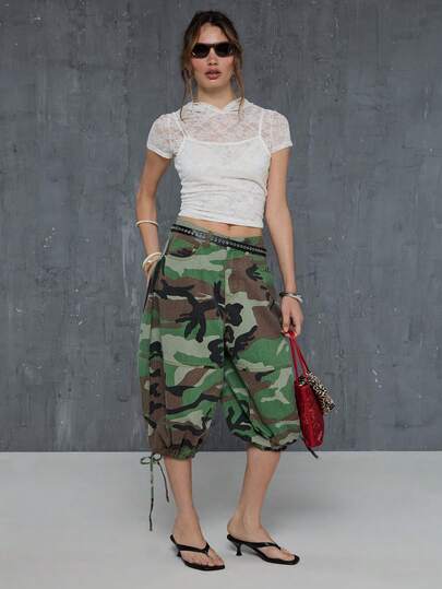 COUREZ 低腰常规款气球迷彩短裤，可调节裤脚 / Y2K 夏季女装，夏季女装，迷彩短裤，宽松短裤，音乐节服装，演唱会服装，春季女装