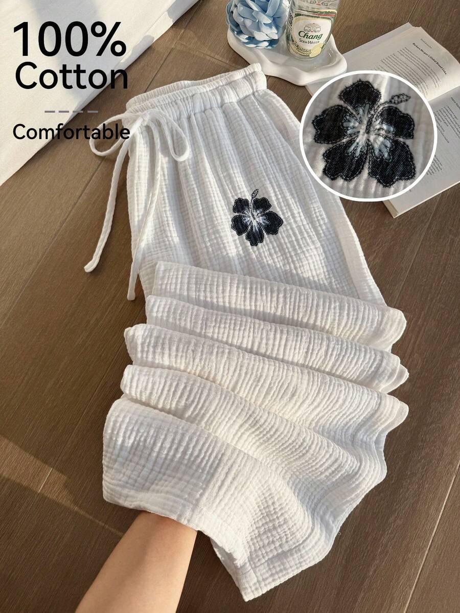 Comfortcana 大码花卉刺绣棉质休闲抽绳阔腿裤,春夏款 - 彩色 - 查看 1