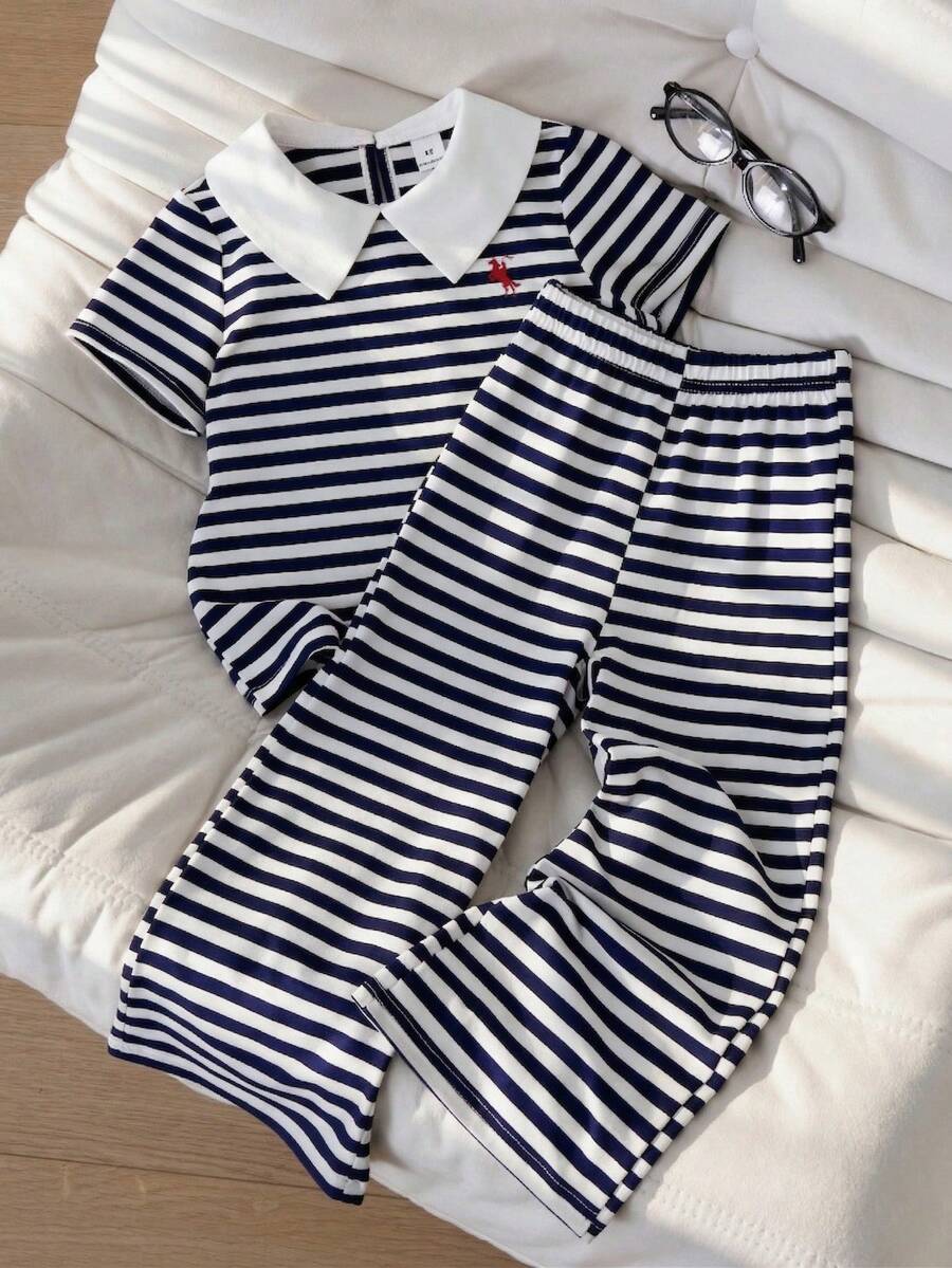 SHEIN Bộ đồ trẻ em Casuvi 2 món gồm áo thun tay ngắn cổ polo kẻ sọc và quần ống rộng dệt kim cho bé gái, phong cách retro Mỹ thường ngày, thích hợp mặc hàng ngày vào mùa xuân/hè. - Màu xanh hải quân - Xem 1