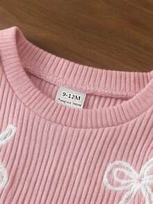 SHEIN Playful Pals 女婴粉色罗纹短袖T恤和蓝色蝴蝶结长裤两件套休闲装 - 粉色 - 查看 9
