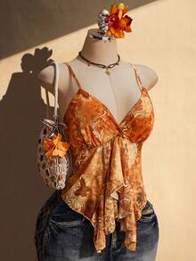 SHEIN ICON Camiseta de tirantes con volantes y estampado de paisley para mujer talla grande - Naranja - Ver 3