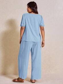 SHEIN Elaquor Plus Size Summer Casual Simple Short Sleeve Top And Pants 2 Pieces Set - Baby Blue - View 7