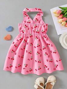SHEIN Elladie kids 女童夏季新款时尚Polo领露背吊带束腰甜美度假风连衣裙，少女正式礼服 - 玫紅色 - 查看 2