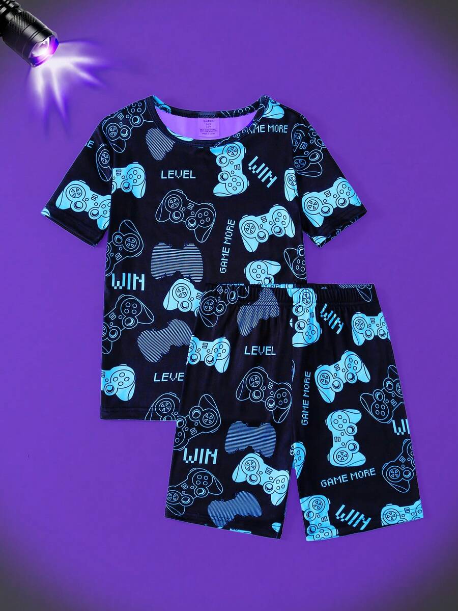 2-Piece Boys Kids Pajamas Set,Black Summer Cute Family Matching Glow-In-The-Dark Gaming Controller Print Short Sleeve Tee,Shorts Snug Fit Homewear - Blue - View 1
