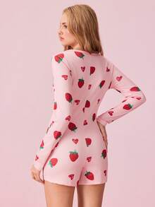 SHEIN 草莓图案单排扣长袖休闲女式睡衣连体裤，舒适优雅细节，秋冬款 - 西瓜粉 - 查看 2