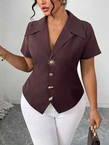 SHEIN Elenzya Plus Size Women's Spring/Summer Burgundy Elegant Asymmetrical Metal Button Lapel Short Sleeve Blouse - Brown - View 4
