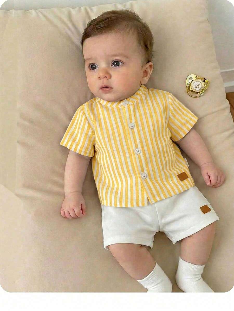 Newborn Baby Boy Casual Cute Striped Short Sleeve Shirt And Elastic Waist Shorts Set - Yellow - View 1