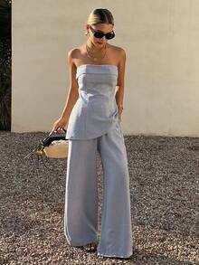 Livesso Bộ đồ nghỉ hè 2 món dành cho nữ - Áo croptop cúp ngực màu xanh và quần ống rộng. - Màu xanh lam - Xem 4