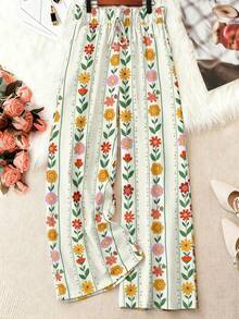 EMERY ROSE Plus Size Women's Floral Print Wide Leg Pants, Vacation Style Fall - Multicolor - View 3
