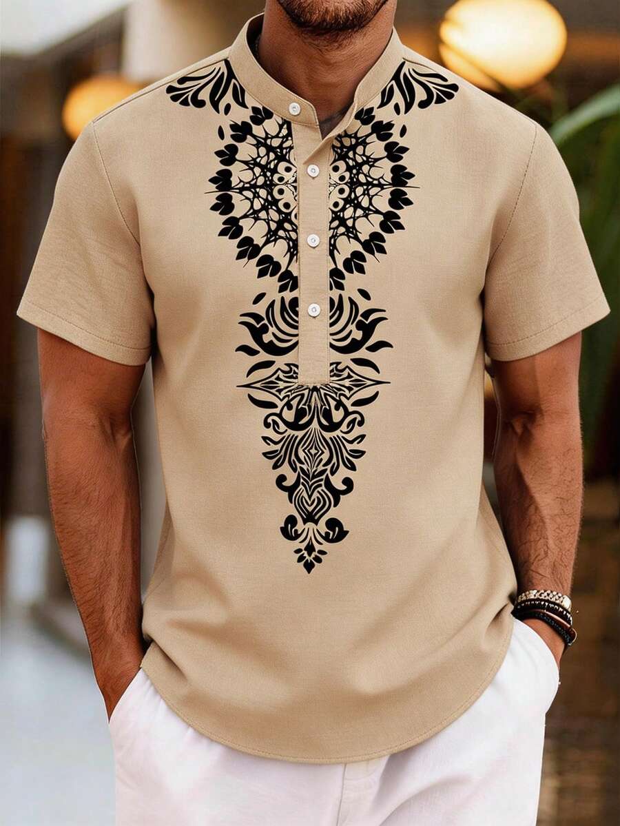 Manfinity Homme Áo sơ mi nam tay ngắn in họa tiết độc đáo, thích hợp cho các bữa tiệc, mặc đôi bố con, trang phục cho bố, áo sơ mi cao bồi miền Tây, áo sơ mi họa tiết miền Tây, áo sơ mi in hình totem. - Màu Khaki - Xem 1