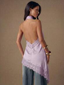 SHEIN BAE 优雅蕾丝拼接露背缎面吊带背心，适合派对、鸡尾酒会、正式场合、圣诞节、商务休闲等场合。 - 淺灰紫 - 查看 2