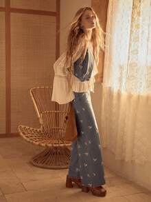 MOTF STUDIO DENIM EMBROIDERY DITSY FLORAL VEST JACKET & WIDE LEG JEANS SET - Blue - View 9